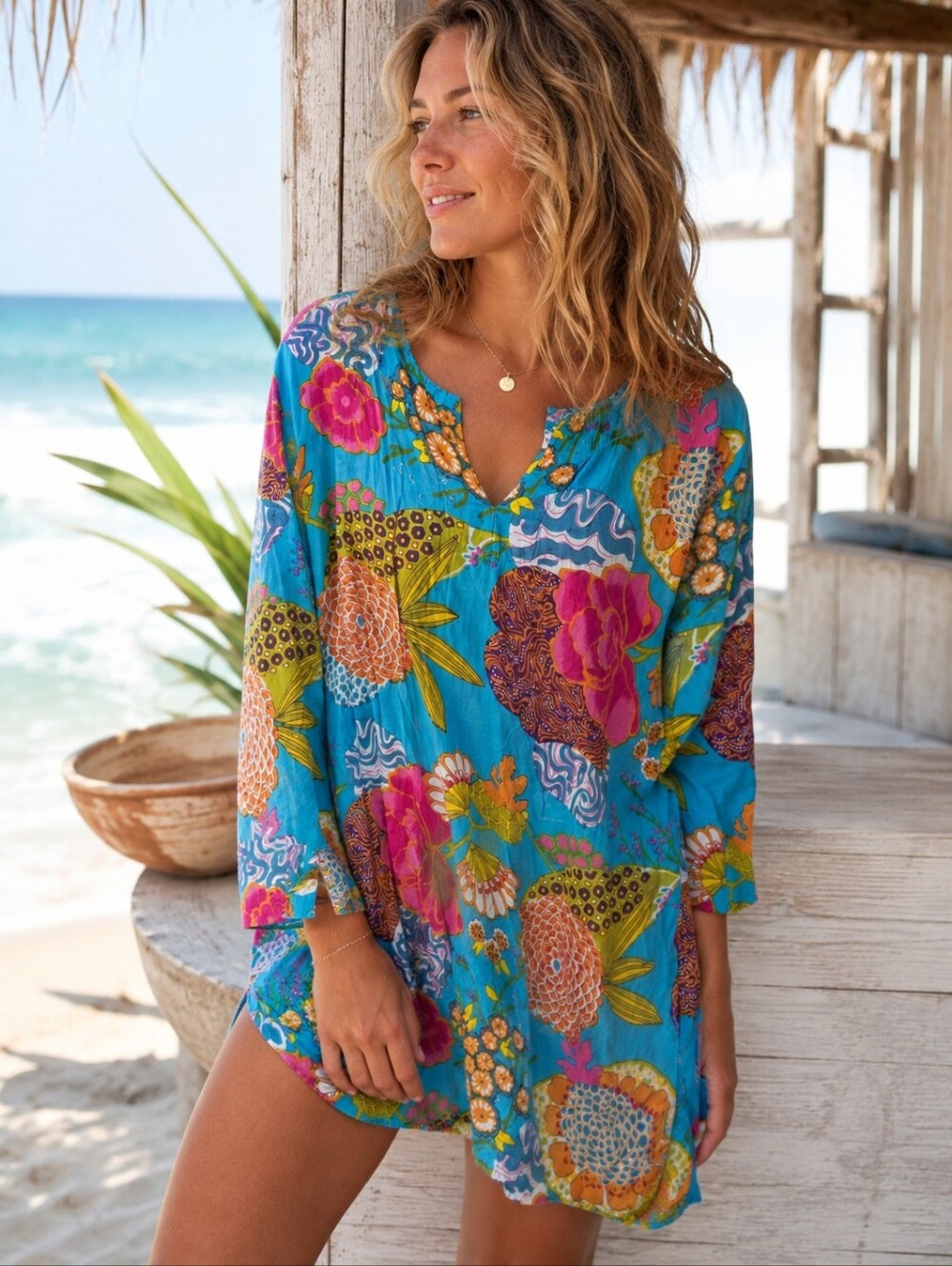 KikiSol Tropical Hawaiian Cotton Tunic Top Blue Floral Beach Vacation Coastal M